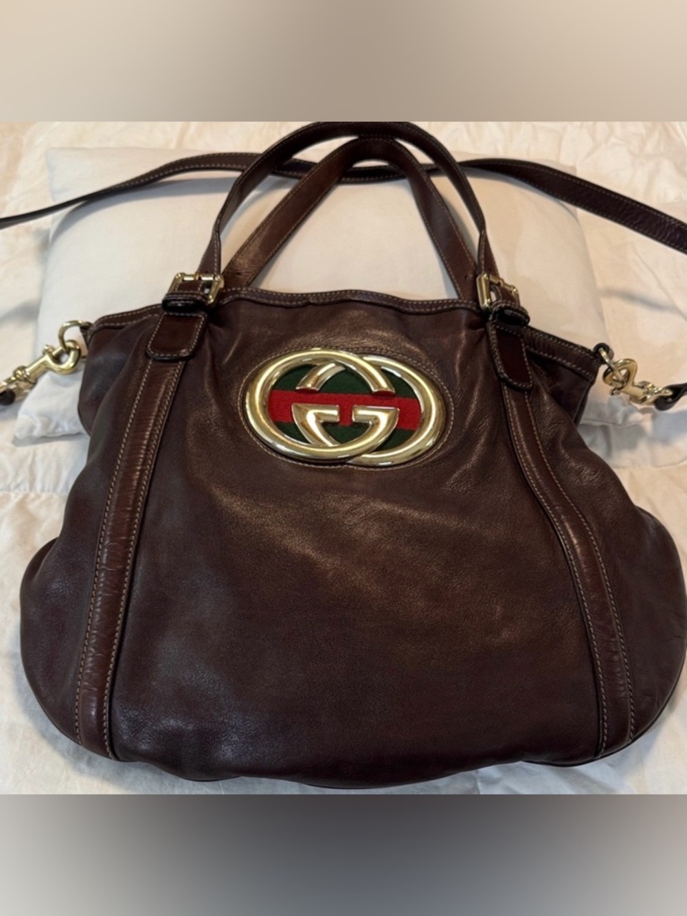 Gucci Dark Brown Leather shoulder bag with Green-Red Web and Gold GG
